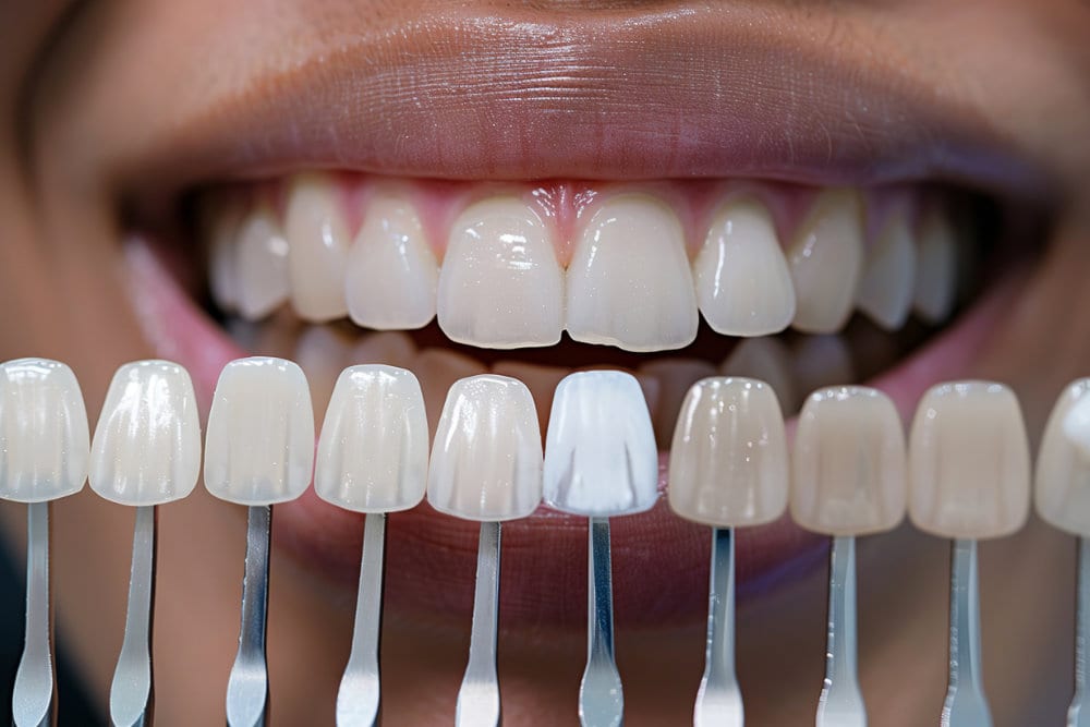 Dentist examining a patient's smile before veneer treatment